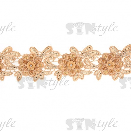 Кружево 3D на сетке с цветочным орнаментом, расшитое микробисером, пайетками и стразами, ширина 100 мм, цвет золотой, намотка 10 ярдов фото 3