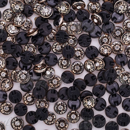 Пуговица пластиковая на полуножке, размер 20L, круглой формы, цвет темно-синий, золотой арнамент, белая страза фото 3