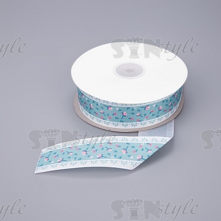 Декоративная атласная лента с цветочным принтом, цвет бирюзовый, ширина 25 мм, намотка 20 ярдов фото 1