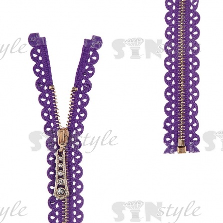 Молния металлическая, тип 3, разъемная, длина 60 см, цвет 170 (фиолетовый), звенья золотистые, бегунок золотистого цвета со стразами фото 1
