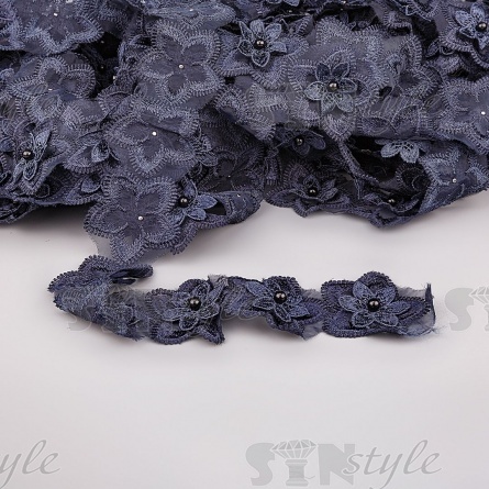 Кружево "Цветочки" украшено бусиной,  на капроновой ленте, ширина 55 мм, цвет темно-синий, намотка 20 ярдов фото 1