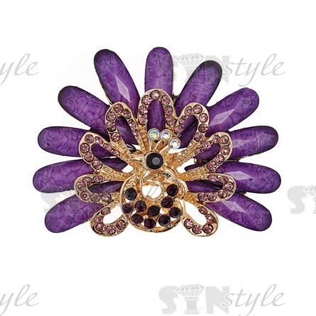 Брошь со стразами,  размер 65х52 мм, цвет золото+фиолетовые стразы, застежка булавка фото 1