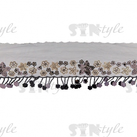 Декоративная тесьма на сетке, расшитая пайетками, ширина 70 мм, цвет черный+золотой, намотка 16 ярдов  фото 1