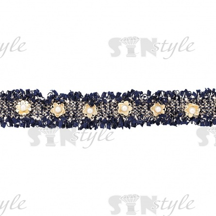 Декоративная тесьма букле с люрексом и бахромой, отделана золотыми цветками и белыми бусинами, ширина 30 мм, намотка 15 ярдов фото 2