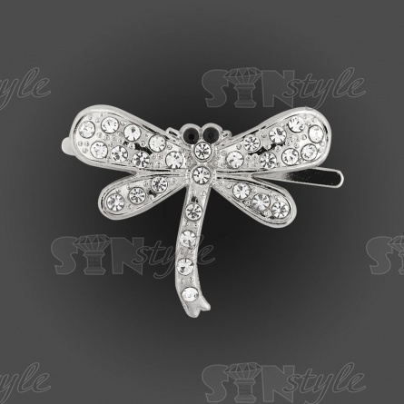 Брошь металлическая  со стразами, крепление усики, цвет никель+белые стразы, размер 35х30 мм фото 1