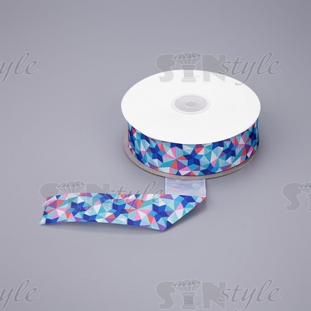 Лента репсовая, с геометрическим принтом, ширина 25 мм, цвет синий+микс, намотка 20 ярдов фото 1