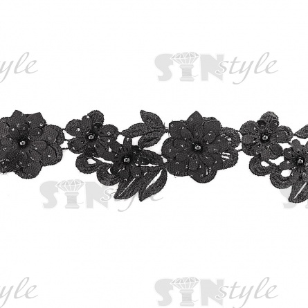 Кружево Цветочное, красивая цветочная гирлянда с бусиной в центре цветка, намотка 10 ярдов, ширина 55 мм, цвет черный  фото 2