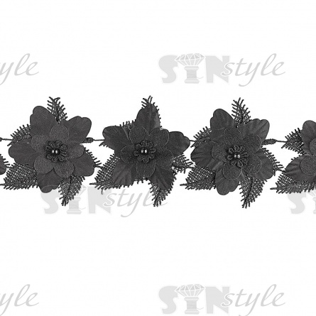 Кружево Цветочное, красивая цветочная гирлянда с бусиной в центре цветка, намотка 10 ярдов, ширина 75 мм, цвет черный фото 3