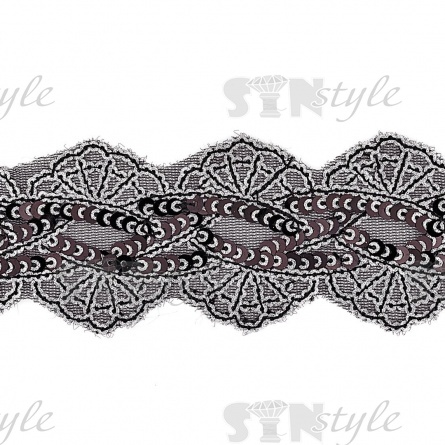 Декоративная тесьма на черной сетке, расшитая черными и серебряными пайетками, ширина 55 мм, намотка 20 ярдов  фото 1