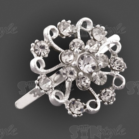 Брошь металлическая, крепление усики, диаметр 22 мм, цвет серебряный+белые стразы фото 2