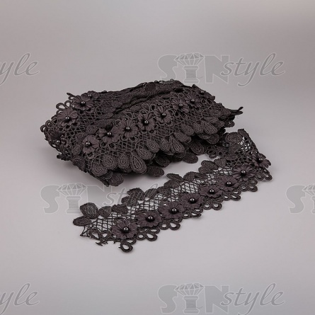 Кружево ажурное с отделкой цветами и бусинами, ширина 80 мм, намотка 10 ярдов, цвет черный фото 3