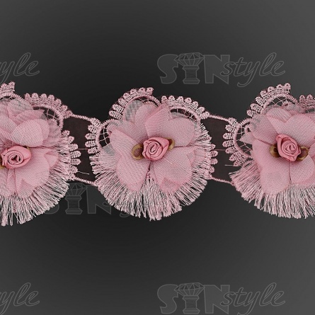 Кружево Цветочное, красивая цветочная гирлянда на капроновой основе с нежным розовым бутоном в центре цветка и с короткой бахромой по краю изделия, намотка 10 ярдов, размер 75 мм, цвет розовый фото 3
