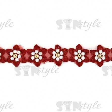 Кружево "Цветочки" украшено бусинами контрастного цвета, на капроновой ленте, ширина 30 мм, цвет бордовый, намотка 20 ярдов фото 3