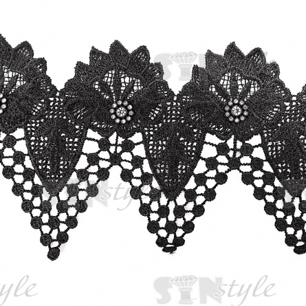 Кружево ажурное, декорированное стразами, ширина 125 мм, намотка 15 ярдов, цвет черный  фото 2