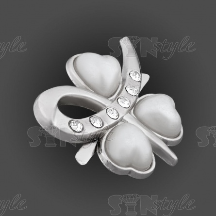 Брошь металлическая  со стразами, крепление усики, цвет серебро+белые стразы и бусины, размер 37 мм х 31 мм фото 2