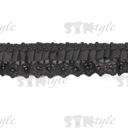 Сборка на кружеве из сетки, декорированная бусинами в цвет кружева, ширина 65 мм, цвет черный, намотка 10 ярдов фото 1