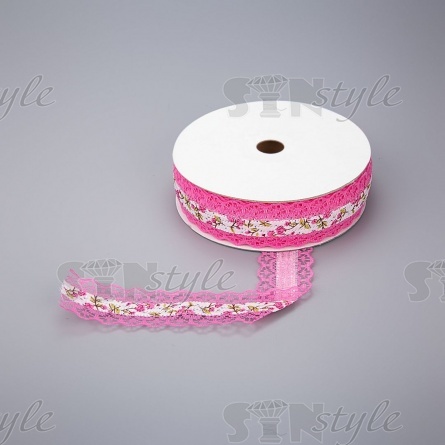 Декоративная лента на кружевной основе с цветочным принтом, цвет фуксия, ширина 30 мм, намотка 20 ярдов фото 1