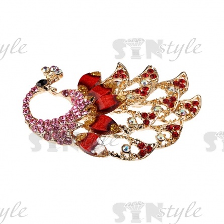 Брошь со стразами "Жар-птица", размер 65х50 мм, цвет золото+белые+бордовые стразы, застежка булавка фото 2