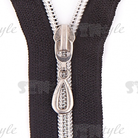 Молния спираль, тип 5, неразъемная, длина 10 см, цвет 322 (черный), серебристая змейка, бегунок "капля", никелированный фото 2