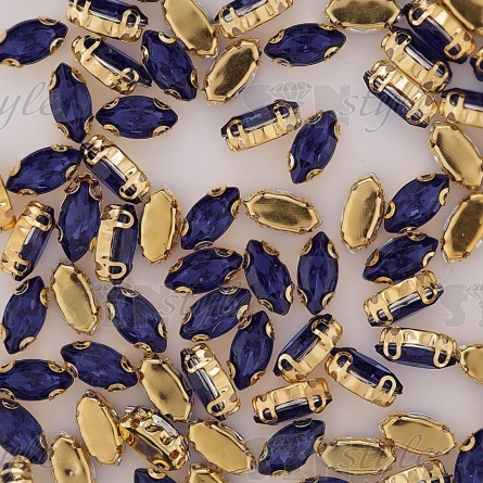 Стразы пришивные акриловые в цапах, форма лодочка, цвет золото+темно-синий, размер 5х10 мм, 200 шт/уп фото 3