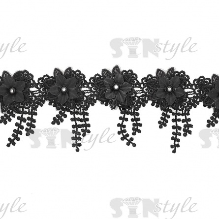Кружево "Цветочное", на тонкой ажурной основе россыпь объемных цветов со стразой в середине цветка и с бахромой из стилизованных листьев, ширина 70 мм, цвет черный/белые стразы, намотка 10 ярдов фото 2