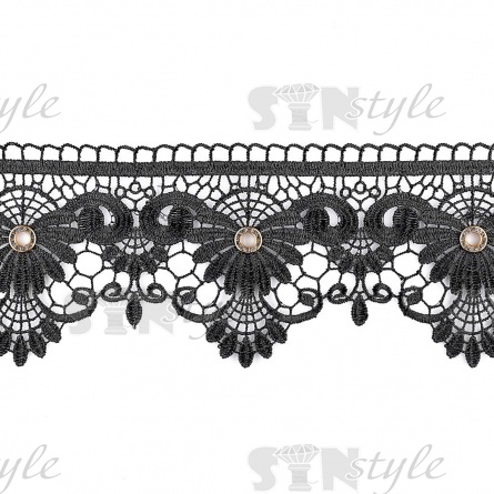 Кружево ажурное с отделкой, на тонкой ажурной основе цветочная гирлянда с люверсами в центре каждого цветочка, ширина 10 мм, намотка 15 ярдов, цвет черный фото 2