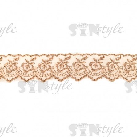 Кружево декоративное, нежная вышивка на тонкой капроновой основе, ширина 40 мм, цвет горчичный (67), намотка 10 ярдов  фото 2