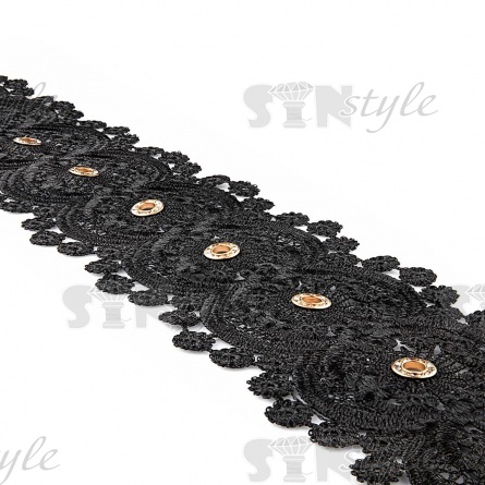 Кружево ажурное с цветочным орнаментом, украшенное золотыми люверсами и белыми стразами, ширина 95 мм, намотка 15 ярдов, цвет черный фото 5