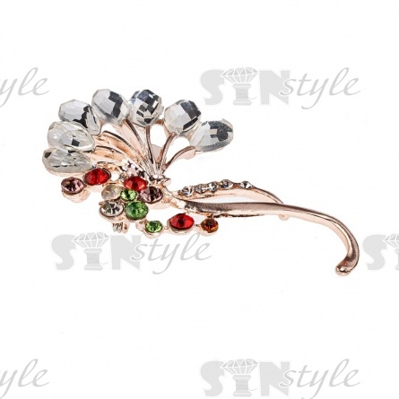 Брошь со стразами, размер 32х55 мм, цвет золото+белые/цветные стразы, застежка булавка фото 2