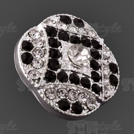 Пуговица металлическая на ножке, диаметр 22 мм, цвет серебряный+белые и черные стразы  фото 2