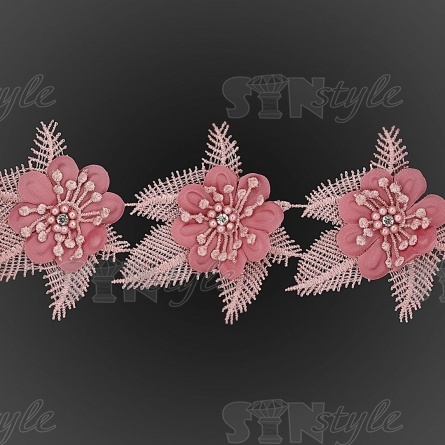 Кружево "Цветочное", воздушная цветочная гирлянда с белой стразой в середине цветка, ширина 80 мм, намотка 10 ярдов, цвет грязно-розовый  фото 3