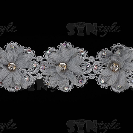 Кружево "Цветочное" ажурное с объемными цветами и стразами, ширина 50 мм, цвет серый, намотка 10 ярдов фото 2