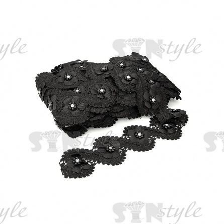 Кружево ажурное с отделкой, нежная цветочная гирлянда со стразой в центре каждого цветка и в обрамлении листьев по всей длине изделия, ширина 60 мм, намотка 10 ярдов, цвет черный фото 3