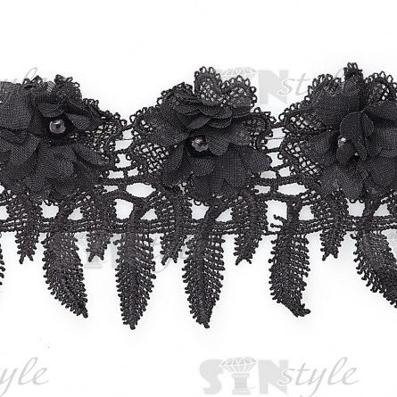 Кружево ажурное с отделкой,  нежнейшее тонкое переплетение гирлянды с цветочными мотивами с бусиной в центре цветка, ширина 85 мм, намотка 10 ярдов, цвет черный  фото 2
