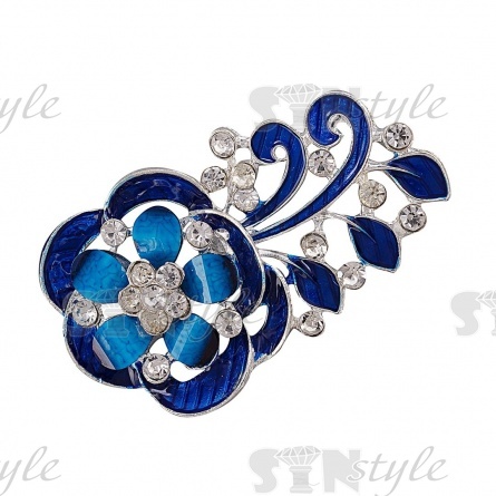 Брошь металлическая, застежка булавка, размер 34 мм х 58 мм, цвет серебряный+синяя эмаль+белые стразы фото 1