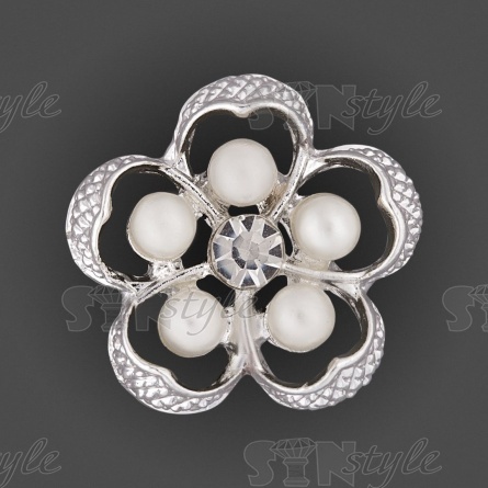 Пуговица металлическая на ножке, размер 32L, цвет серебряный+белые бусины и страза фото 1