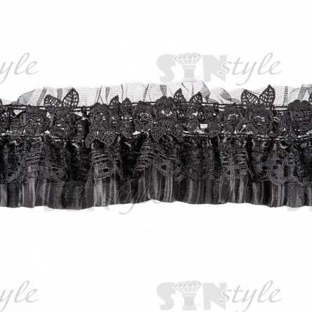 Кружево ажурное с отделкой, нежное переплетение гирлянды цветочных мотивов с короткой плиссеровкой по всей длине, ширина 80 мм, намотка 15 ярдов, цвет черный  фото 2