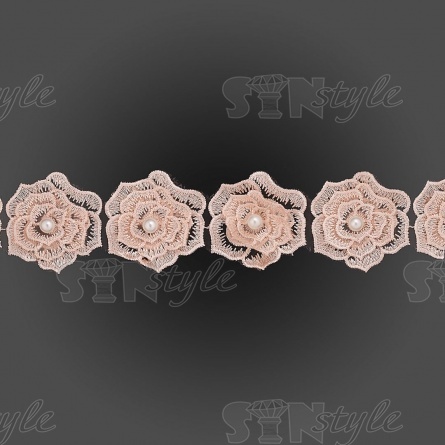 Кружево "Цветочки" украшено бусиной ,на капроновой ленте, ширина 55 мм, цвет персиковый (19), намотка 20 ярдов фото 2