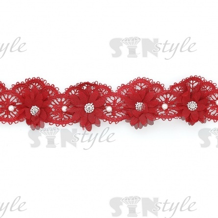 Кружево ажурное с объемными цветами в цвет кружева, украшено белыми бусинами и стразами, ширина 50 мм, намотка 10 ярдов, цвет бордовый фото 1