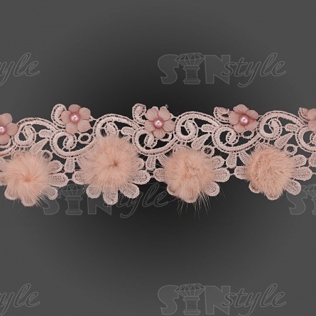 Ажурное кружево с натуральным мехом, цветами и бусинами в цвет кружева, ширина 60 мм, намотка 10 ярдов, цвет грязно-розовый фото 1