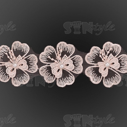 Кружево "Цветочки", нежная объемная цветочная гирлянда с бусиной белого цвета, на капроновой ленте, ширина 55 мм, цвет персиковый, намотка 20 ярдов фото 3