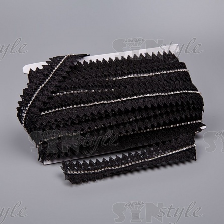 Кружево ажурное на сетке с цепочкой из страз, ширина 33 мм, цвет черный, стразы белые, намотка 15 ярдов  фото 3