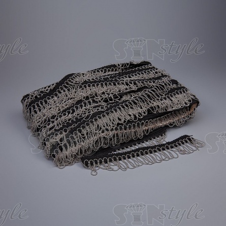 Декоративная тесьма с  бахромой отделочная, ширина 40 мм, цвет черный+цепочка цвет никель, намотка 25 ярдов фото 2