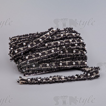 Тесьма-букле черного цвета, расшитая белыми бусинами и стразами, ширина 30 мм, намотка 15 ярдов  фото 3
