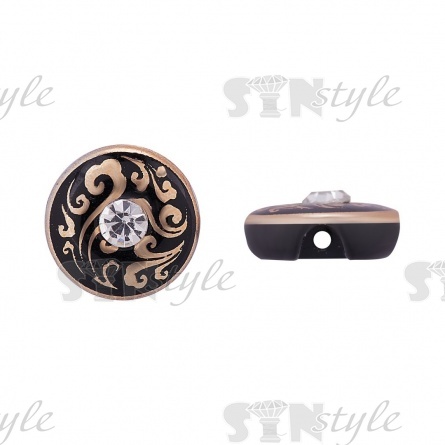 Пуговица пластиковая на полуножке, размер 20L, круглой формы, цвет темно-синий, золотой арнамент, белая страза фото 1