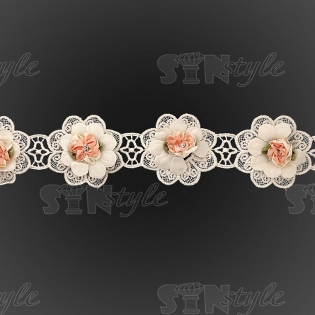 Кружево Цветочное, на тонкой ажурной основе россыпь объемных бутонов роз со стразой в середине каждого цветка, намотка 10 ярдов, ширина 6,0 см  фото 1