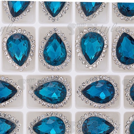 Стразы пришивные стеклянные в оправе, форма капля, цвет серебро+темно-бирюзовый+белый, размер 10х14 мм,112 шт/уп фото 3