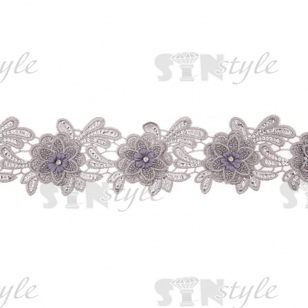 Кружево 3D на сетке с цветочным орнаментом, расшитое микробисером, пайетками и стразами, ширина 100 мм, цвет серебряный, намотка 10 ярдов  фото 3