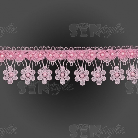 Кружево ажурное с отделкой, нежнейшее тонкое переплетение гирлянды с цветочными мотивами с бусиной в центре цветка, а так же с бусинами по краю по всей длине изделия, ширина 60 мм, намотка 10 ярдов, цвет розовый  фото 1