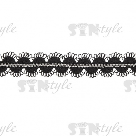 Кружево ажурное, декорированное металлической цепочкой, ширина 15 мм, цвет черный, намотка 15 ярдов  фото 1